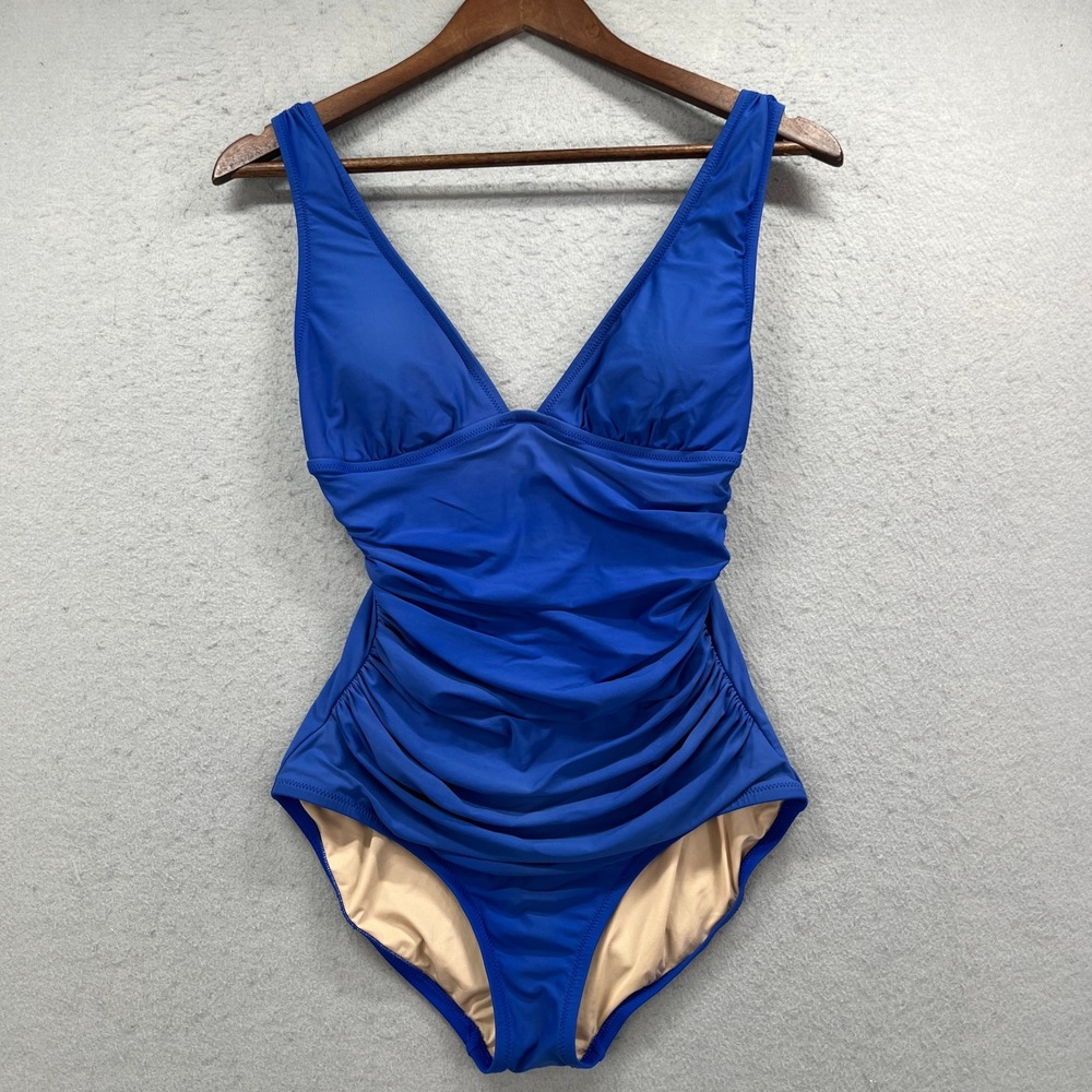 J Crew One Piece Swimsuit Women 6 Blue Ruched V Neck Ruched Tummy Control Beach